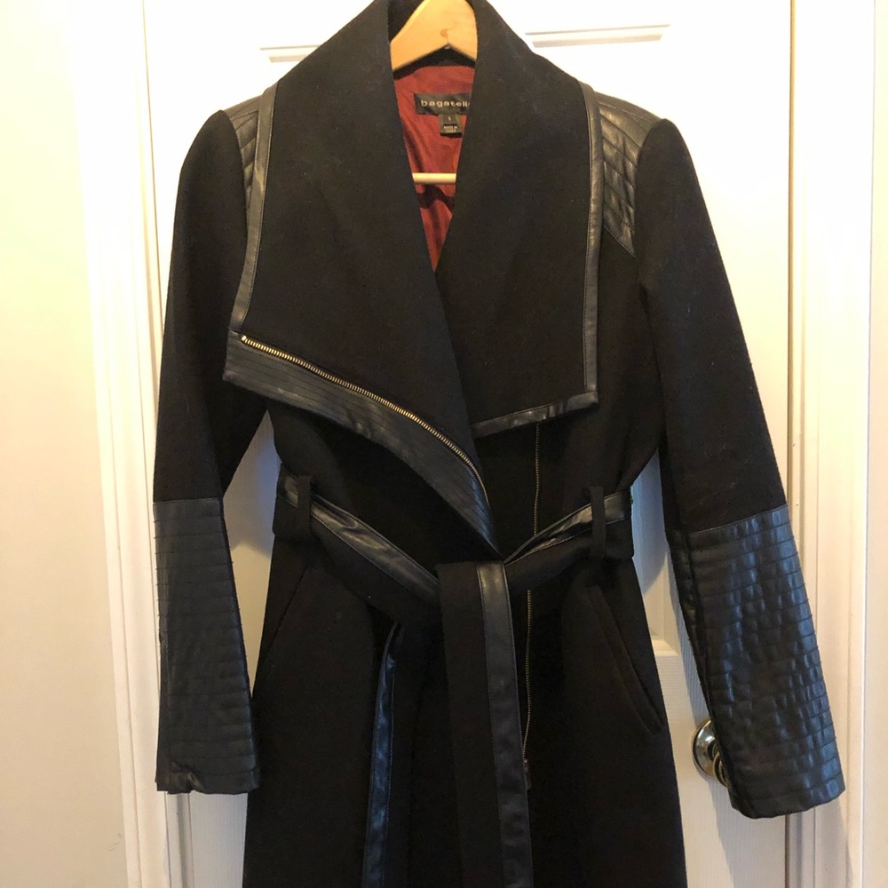 Black coat with leather accents